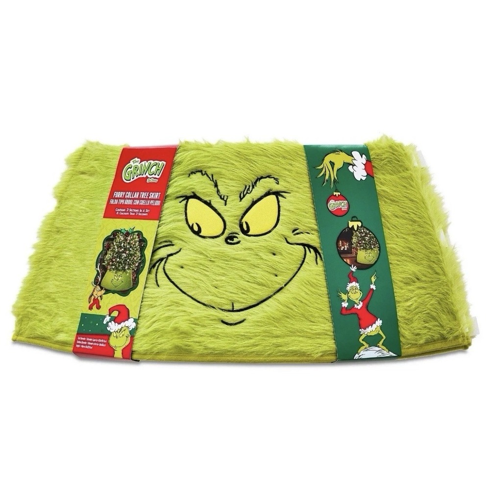 The Grinch Furry Collar Christmas Tree Skirt – 3-Piece Sectional Holiday Decor